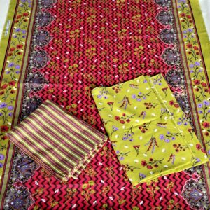 LAKHANI MENDI GREEN RED 3 Piece Ladies Suit–Printed Shirt- Printed Trouser- Printed Dupatta – Elegant Summer Wear